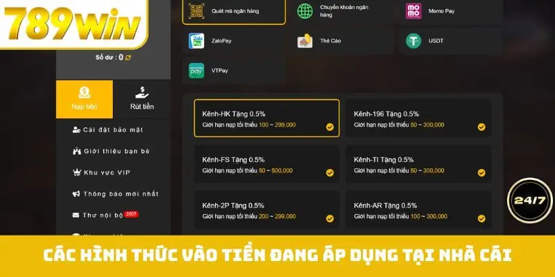 Các hình thức vào tiền đang áp dụng tại nhà cái